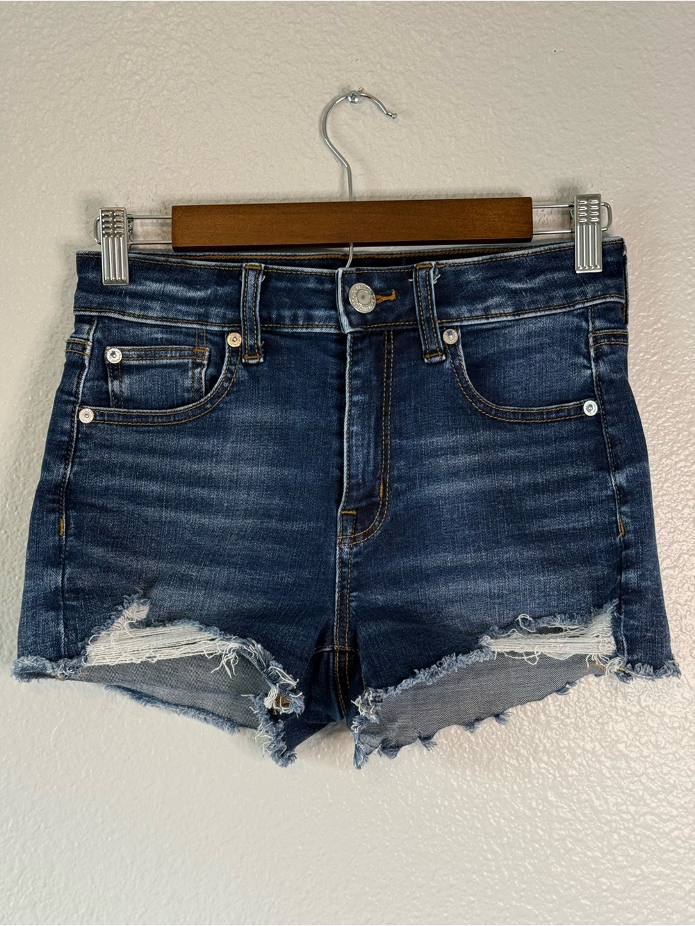 American Eagle Hi-Rise Shortie Distressed Denim Shorts Size 4 Stretch